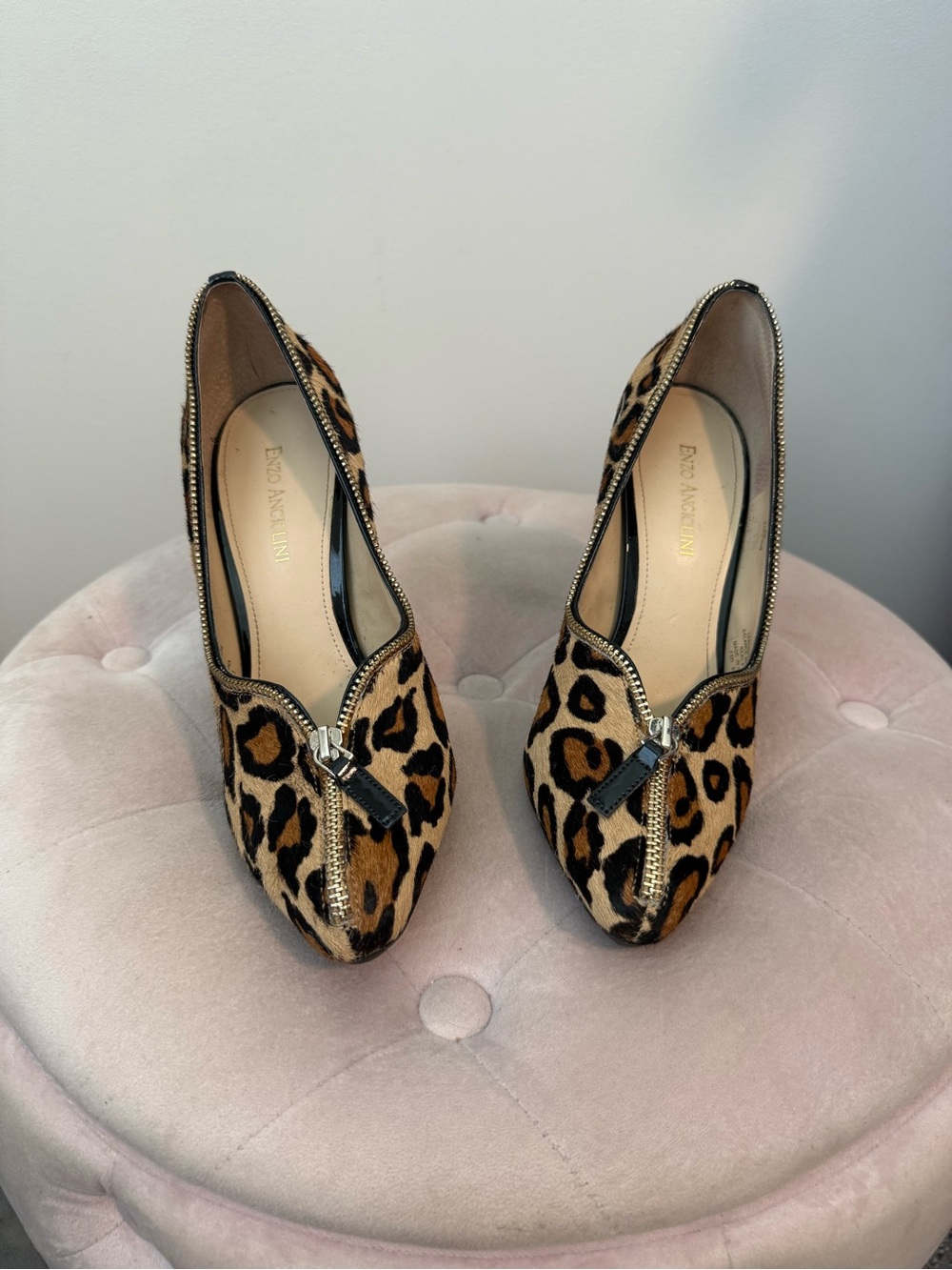 Enzo Angiolini Leopard Print Zip Front Pumps - Brown/Black
